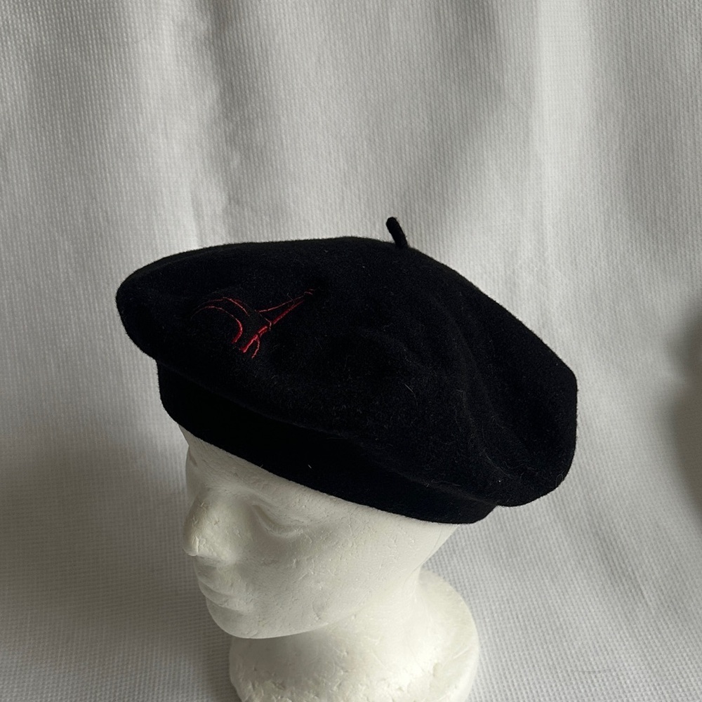 Laulhere France Black Merino Wool Beret Eiffel Tower Embroidery French Size 10